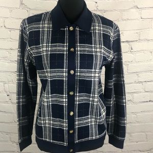 Ecco Petites: Pinstripes Cardigan: Color: Navy Blue/ White with Gold . Size:(S)